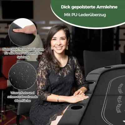 Skládací pokerový stůl pro 8 hráčů s držáky na nápoje a polstrovanými područkami, černý