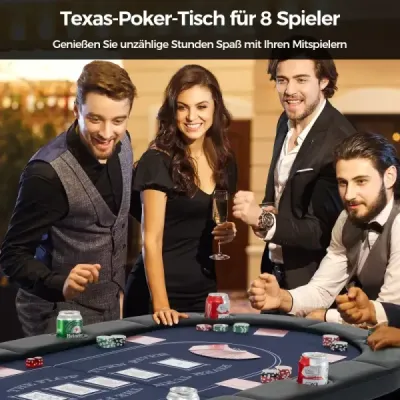 Skládací pokerový stůl pro 8 hráčů s držáky na nápoje a polstrovanými područkami, modrý