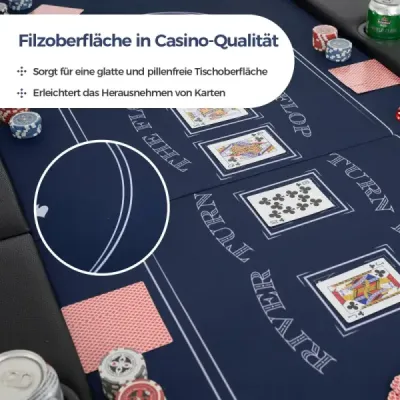 Skládací pokerový stůl pro 8 hráčů s držáky na nápoje a polstrovanými područkami, modrý