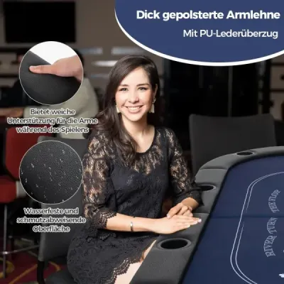 Skládací pokerový stůl pro 8 hráčů s držáky na nápoje a polstrovanými područkami, modrý