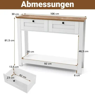 Dřevěný konzolový stolek se 2 zásuvkami, 2 úrovně, úzký stolek do předsíně, vstupní stolek, odkládací stolek, bílý