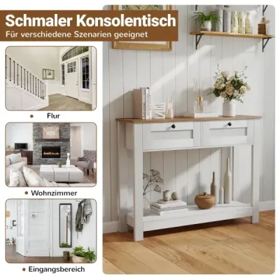 Dřevěný konzolový stolek se 2 zásuvkami, 2 úrovně, úzký stolek do předsíně, vstupní stolek, odkládací stolek, bílý