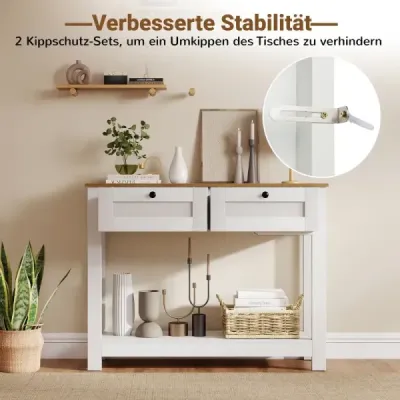 Dřevěný konzolový stolek se 2 zásuvkami, 2 úrovně, úzký stolek do předsíně, vstupní stolek, odkládací stolek, bílý