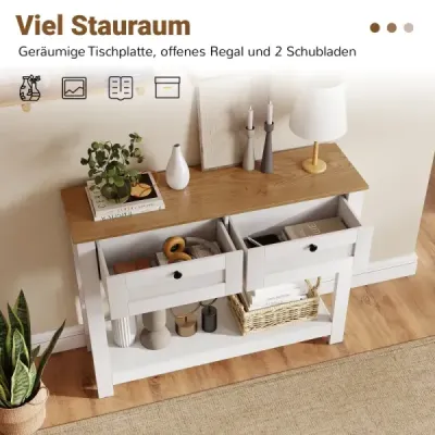 Dřevěný konzolový stolek se 2 zásuvkami, 2 úrovně, úzký stolek do předsíně, vstupní stolek, odkládací stolek, bílý
