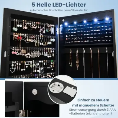 Skříňka na šperky s LED Uzamykatelná nástěnná/dveřová skříňka na šperky se zrcadlem a 6 zásuvkami černá