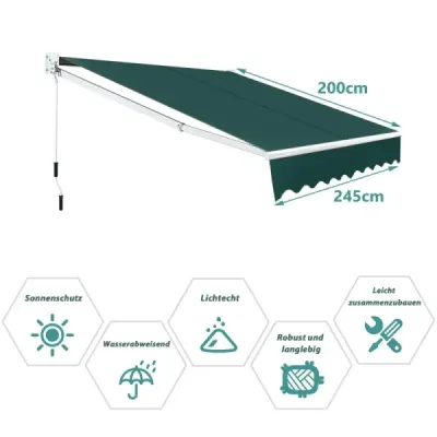 Markýza s kloubovým ramenem 2,5 x 2 m s UV a voděodolným materiálem a zelenou klikou