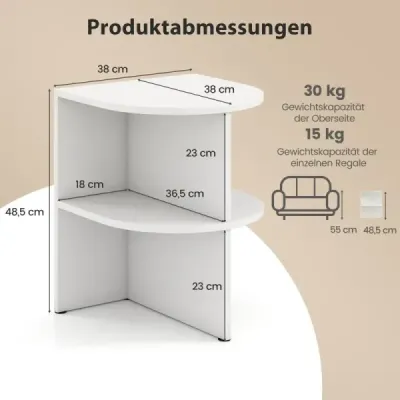 Půlkruhový odkládací stolek s otevřenými policemi, noční stolek, stolek k rozkládací poloze, konferenční stolek, bílý