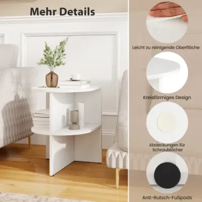 Půlkruhový odkládací stolek s otevřenými policemi, noční stolek, stolek k rozkládací poloze, konferenční stolek, bílý