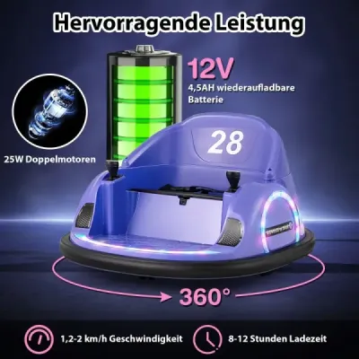 Elektrické autíčko s otočkou o 360° pro batolata 12V s dálkovým ovládáním, fialové