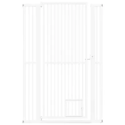 Vysoká kovová bezpečnostní branka pro domácí mazlíčky se 2 prodlužovacími sadami 77-104 cm x 150 cm, bez nutnosti vrtání, bílá