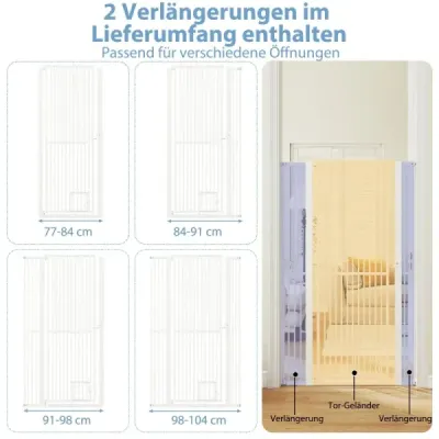 Vysoká kovová bezpečnostní branka pro domácí mazlíčky se 2 prodlužovacími sadami, bez nutnosti vrtání, 77–104 cm x 171 cm, bílá