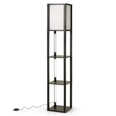 Stehlampe mit Regalen & Fußschalter & 3-stufig Einstellbaren LED-Streifen Holz Regallampe