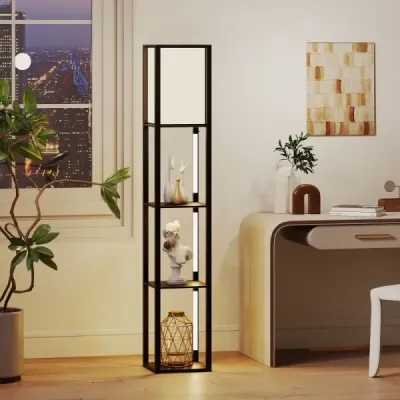 Stehlampe mit Regalen & Fußschalter & 3-stufig Einstellbaren LED-Streifen Holz Regallampe