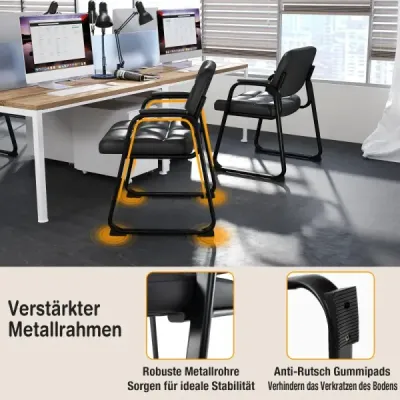 Sada 2 židlí pro hosty, ergonomická recepční židle s kovovým rámem a polstrovanými područkami, černá