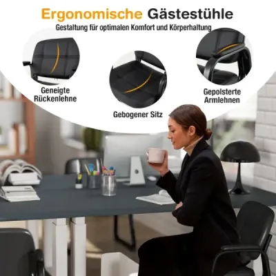 Sada 2 židlí pro hosty, ergonomická recepční židle s kovovým rámem a polstrovanými područkami, černá