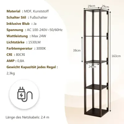 163 cm police na stojací lampu, moderní úložná police na stojací lampu s 3stupňově stmívatelnými LED světly, hnědá