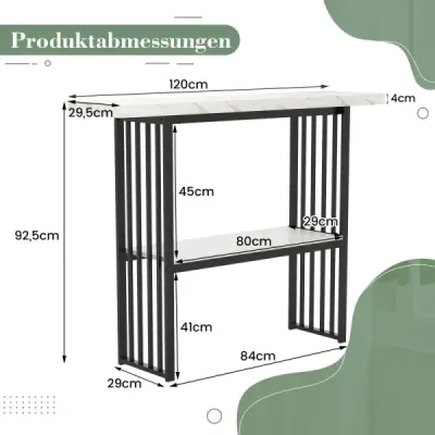 Dvoupatrový konzolový stolek s mramorovým vzhledem, úzký odkládací stolek, stolek do předsíně, černá + bílá
