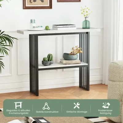 Dvoupatrový konzolový stolek s mramorovým vzhledem, úzký odkládací stolek, stolek do předsíně, černá + bílá