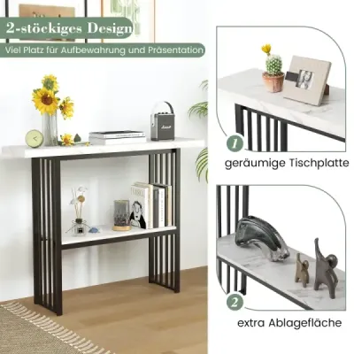 Dvoupatrový konzolový stolek s mramorovým vzhledem, úzký odkládací stolek, stolek do předsíně, černá + bílá