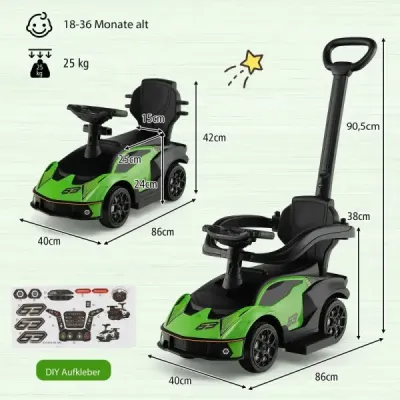 Odrážedlo Lamborghini s madlem a úložným prostorem. Odrážedlo s volantem. Zelené.