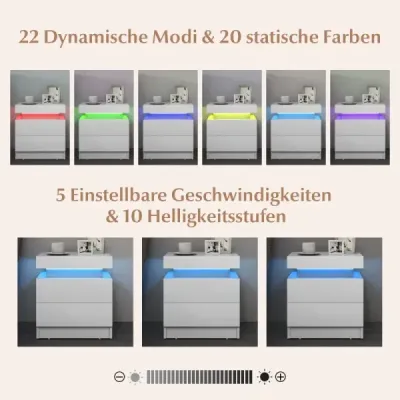 Noční stolek s LED světly Noční komoda se 2 zásuvkami Moderní noční stolek bílý