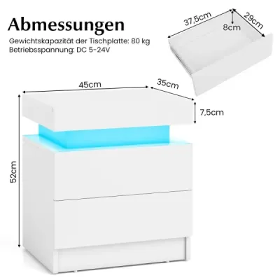 Noční stolek s LED světly Noční komoda se 2 zásuvkami Moderní noční stolek bílý
