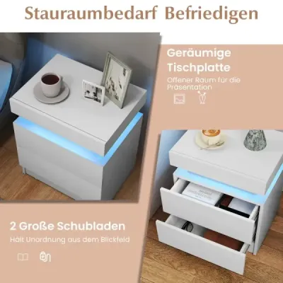 Noční stolek s LED světly Noční komoda se 2 zásuvkami Moderní noční stolek bílý
