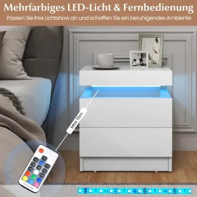 Noční stolek s LED světly Noční komoda se 2 zásuvkami Moderní noční stolek bílý