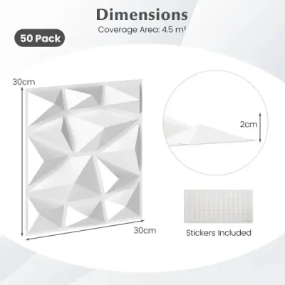 50 kusů 3D nástěnných panelů diamant 30 x 30 cm nástěnné obklady nástěnné dekorace bílé 4,5m²