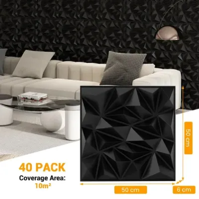 40 kusů 3D nástěnných panelů diamant 50 x 50 cm nástěnné obklady nástěnné dekorace černé 10m²