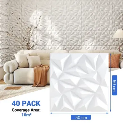 40 kusů 3D nástěnných panelů diamant 50 x 50 cm nástěnné obklady dekorace na zeď bílá 10m²