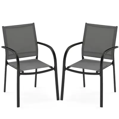 Stohovatelné zahradní židle, sada 2 stohovatelných židlí z textilenu a kovového rámu Zahradní židle s područkami 61 x 58 x 85 cm Šedá barva