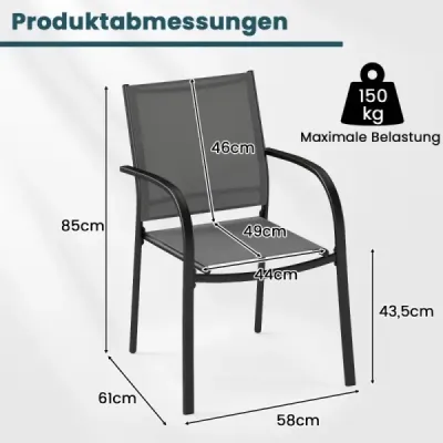 Stohovatelné zahradní židle, sada 2 stohovatelných židlí z textilenu a kovového rámu Zahradní židle s područkami 61 x 58 x 85 cm Šedá barva