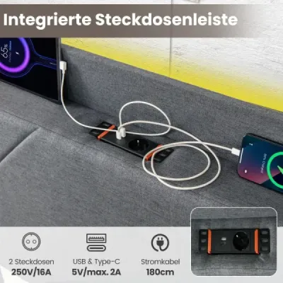 Rám manželské postele včetně LED osvětlení Čalouněná postel s nabíjecí stanicí 2 úložné vaky a 4 zásuvky Šedá (200 x 140 cm)
