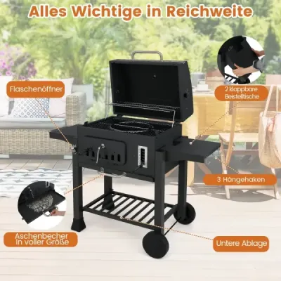 Sudový gril na dřevěné uhlí se 2 skládacími postranními stolky Venkovní gril s úložným prostorem a kolečky
