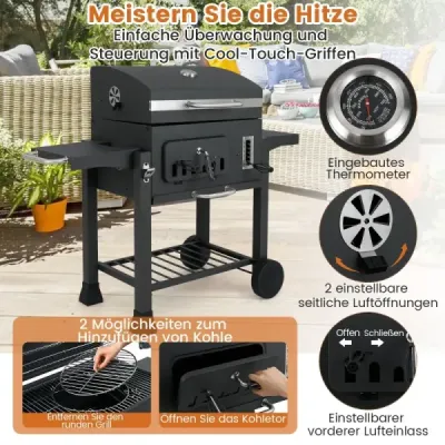 Sudový gril na dřevěné uhlí se 2 skládacími postranními stolky Venkovní gril s úložným prostorem a kolečky