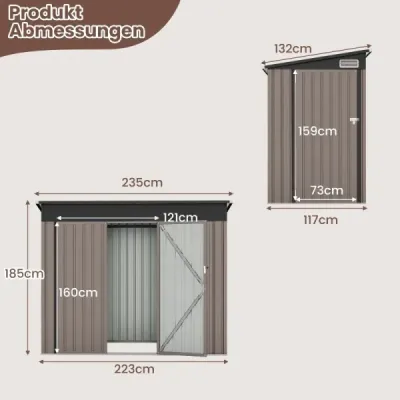 Kovový zahradní domek s předními a bočními dveřmi a jednoplášťovou střechou Kůlna na nářadí 235 x 117 x 185 cm Světle hnědá barva