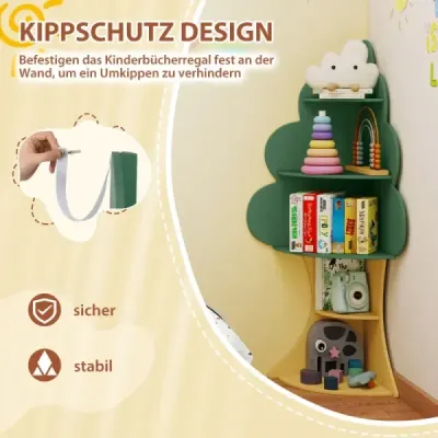 Dětská dřevěná knihovna ve stromovém designu s 5 úrovněmi, dětská police na hračky, zelená