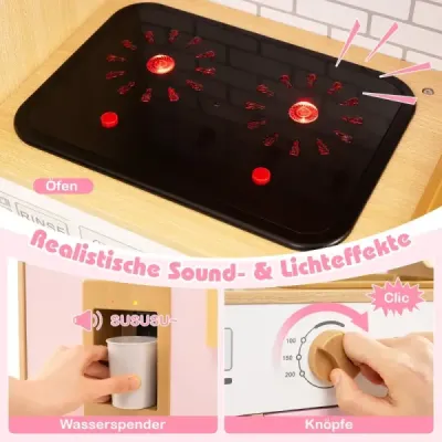 Dětská kuchyňka s ratanovými dvířky a světlem, zvukem a lednicí, hrací kuchyňka, růžová