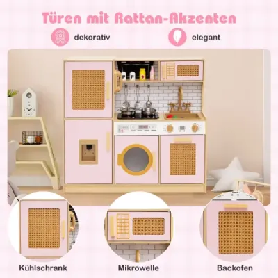 Dětská kuchyňka s ratanovými dvířky a světlem, zvukem a lednicí, hrací kuchyňka, růžová