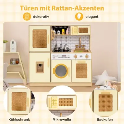 Dětská kuchyňka s ratanovými dvířky a světlem, zvukem a lednicí, hrací kuchyňka, žlutá