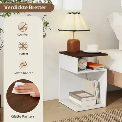 Sada 2 bočních stolků ve tvaru S se 2 otevřenými přihrádkami Noční stolek Pohovka bílá + ořech