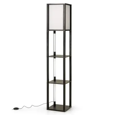 Stehlampe mit Regalen & Fußschalter & 3-stufig Einstellbaren LED-Streifen Holz Regallampe