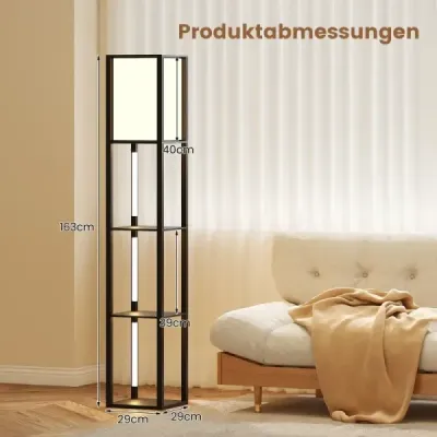 Stehlampe mit Regalen & Fußschalter & 3-stufig Einstellbaren LED-Streifen Holz Regallampe