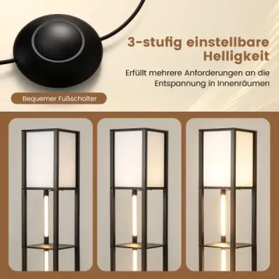 Stehlampe mit Regalen & Fußschalter & 3-stufig Einstellbaren LED-Streifen Holz Regallampe