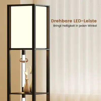 Stehlampe mit Regalen & Fußschalter & 3-stufig Einstellbaren LED-Streifen Holz Regallampe