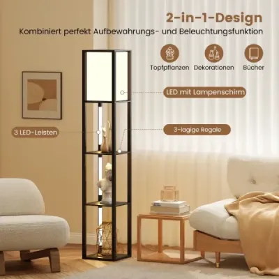 Stehlampe mit Regalen & Fußschalter & 3-stufig Einstellbaren LED-Streifen Holz Regallampe