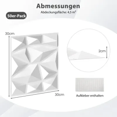 50 kusů 3D nástěnných panelů diamant 30 x 30 cm nástěnné obklady nástěnné dekorace bílé 4,5m²