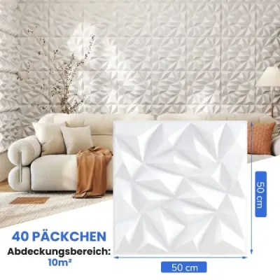40 kusů 3D nástěnných panelů diamant 50 x 50 cm nástěnné obklady dekorace na zeď bílá 10m²
