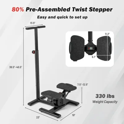 Stepper pro trénink Twist Stair Stepper tréninkové zařízení s výškově nastavitelnou rukojetí a protiskluzovými pedály Černá barva
